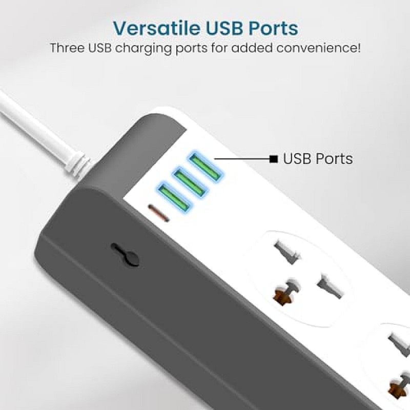 Portronics Power Plate II Extension Board - 1500W - 3 USB Ports, 3 Power Sockets, Overload Protection, Eco-Friendly, 2M Cord Length(Black)