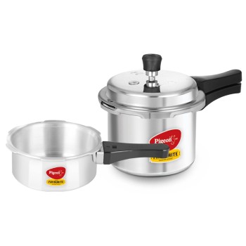 Pigeon by Stovekraft Mini Combi Aluminium Pressure Outer Lid Cooker Set, 2 and 3 Litres with Common Lid (12610) Silver