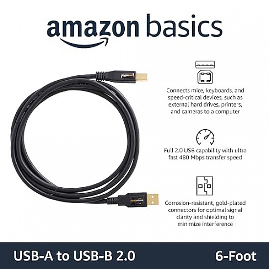 AmazonBasics USB 2.0 Cable - A-Male to B-Male for Personal Computer, Printer - 6 Feet (1.8 Meters)- Black