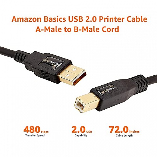 AmazonBasics USB 2.0 Cable - A-Male to B-Male for Personal Computer, Printer - 6 Feet (1.8 Meters)- Black