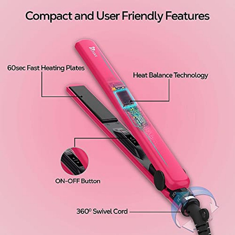 Syska Hair Straightener for Women, Ceramic Coated Plates,60 seconds Rapid Heating function, Heat Balance technology HS6810 Pink