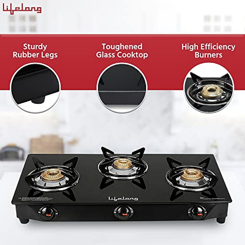 Lifelong 3 Burner Gas Stove Top for Kitchen Manual Ignition Cooktop Modern Glass Stove for Modular Kitchen Black, LLGS18