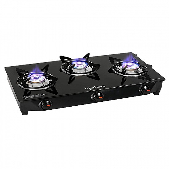 Lifelong 3 Burner Gas Stove Top for Kitchen Manual Ignition Cooktop Modern Glass Stove for Modular Kitchen Black, LLGS18