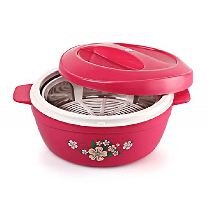 Cello Roti Plus Plastic Floral Casserole with Lid Locks in the cold & heat for long Casserole 2.5 L, Pink