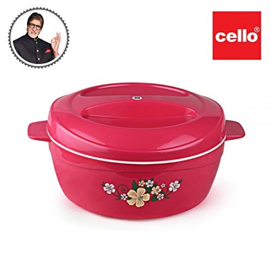 Cello Roti Plus Plastic Floral Casserole with Lid Locks in the cold & heat for long Casserole 2.5 L, Pink