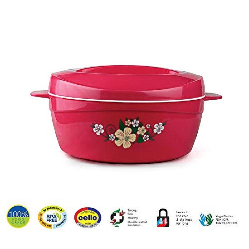 Cello Roti Plus Plastic Floral Casserole with Lid Locks in the cold & heat for long Casserole 2.5 L, Pink