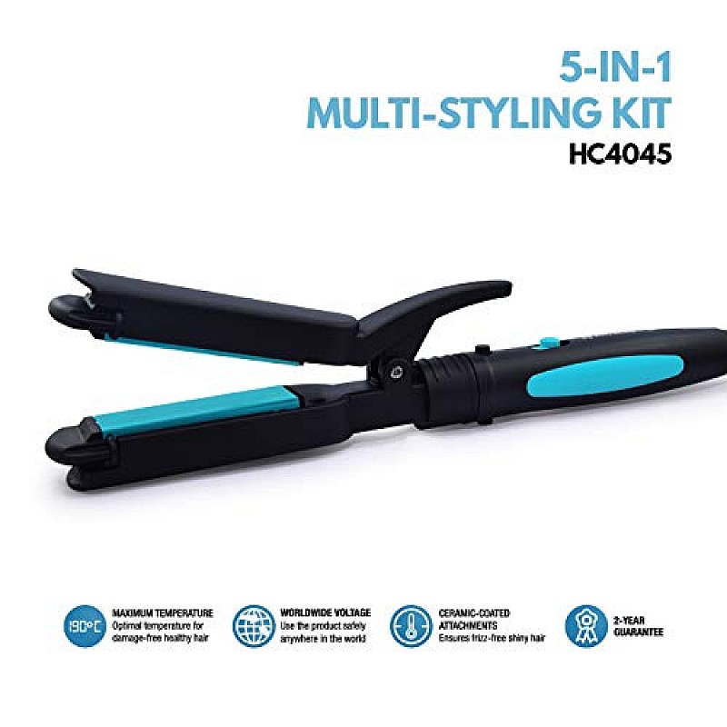 Havells HC4045 5-in-1 Multi Styling Kit - Straightener, Curler, Crimper, Conical Curler & Volume Brush For Multiple Hair Styles Blue Black