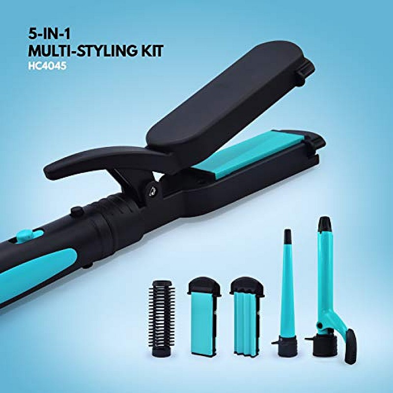 Havells HC4045 5-in-1 Multi Styling Kit - Straightener, Curler, Crimper, Conical Curler & Volume Brush For Multiple Hair Styles Blue Black