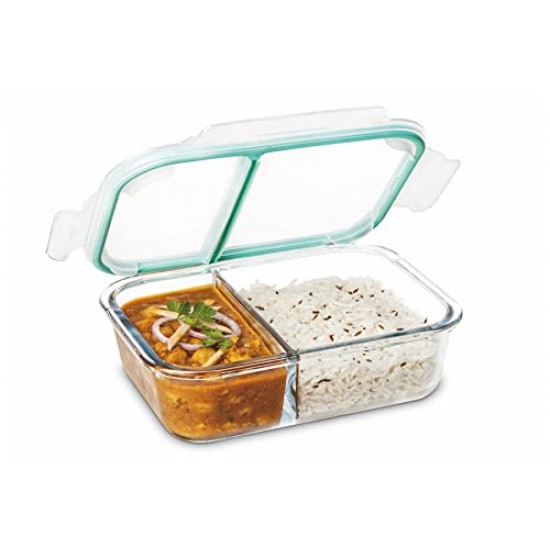 SignoraWare Slim High Microwave Safe Office Two Compartment Lunch Box Set Borosilicate Glass Safety Lock Airtight Tiffin Containers 600ml