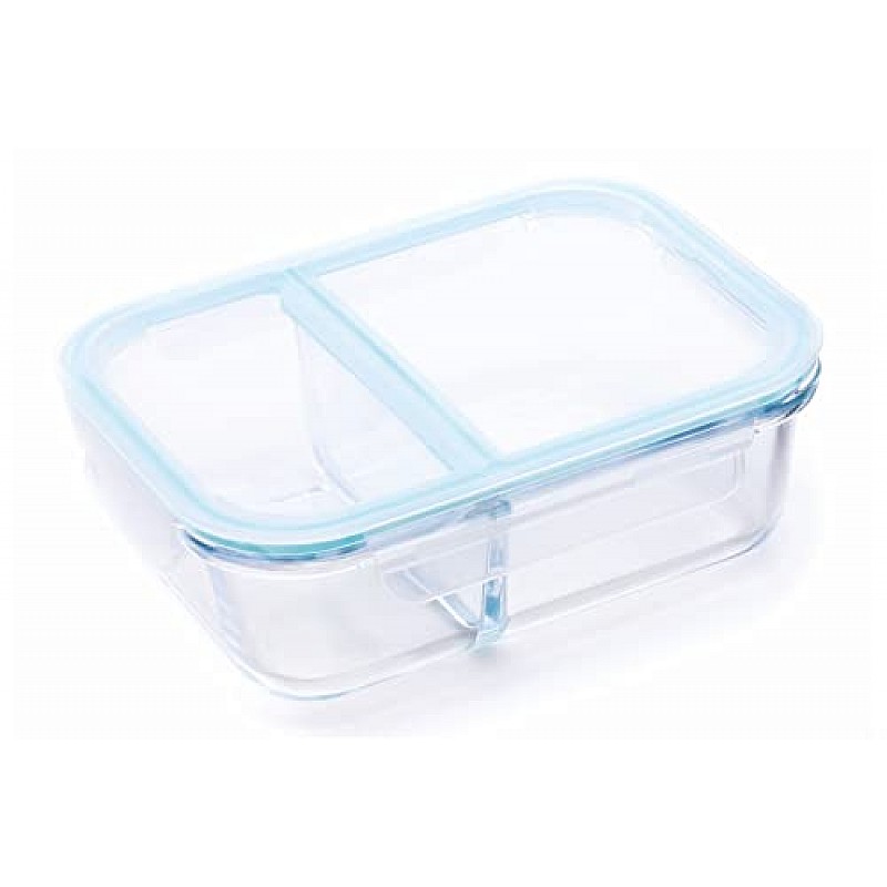 SignoraWare Slim High Microwave Safe Office Two Compartment Lunch Box Set Borosilicate Glass Safety Lock Airtight Tiffin Containers 600ml