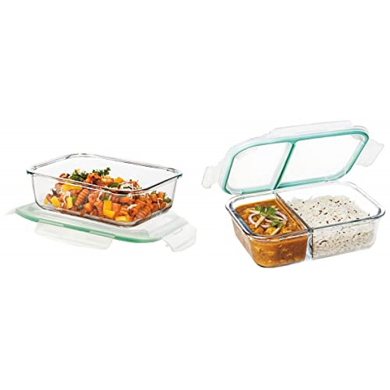 SignoraWare Slim High Microwave Safe Office Two Compartment Lunch Box Set Borosilicate Glass Safety Lock Airtight Tiffin Containers 600ml