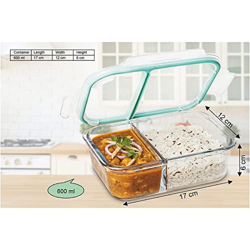 SignoraWare Slim High Microwave Safe Office Two Compartment Lunch Box Set Borosilicate Glass Safety Lock Airtight Tiffin Containers 600ml