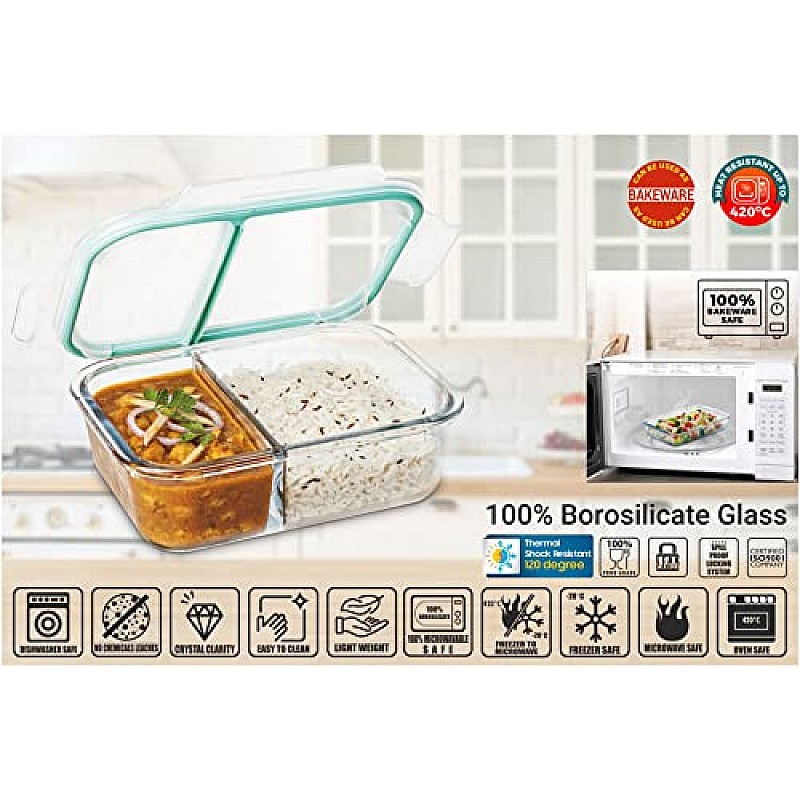 SignoraWare Slim High Microwave Safe Office Two Compartment Lunch Box Set Borosilicate Glass Safety Lock Airtight Tiffin Containers 600ml