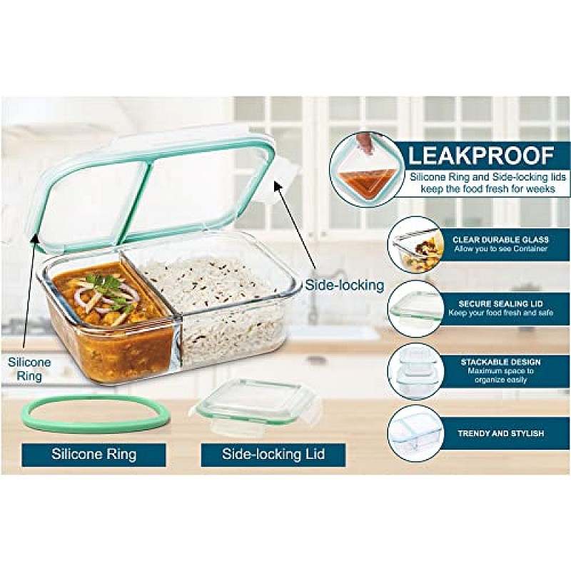 SignoraWare Slim High Microwave Safe Office Two Compartment Lunch Box Set Borosilicate Glass Safety Lock Airtight Tiffin Containers 600ml