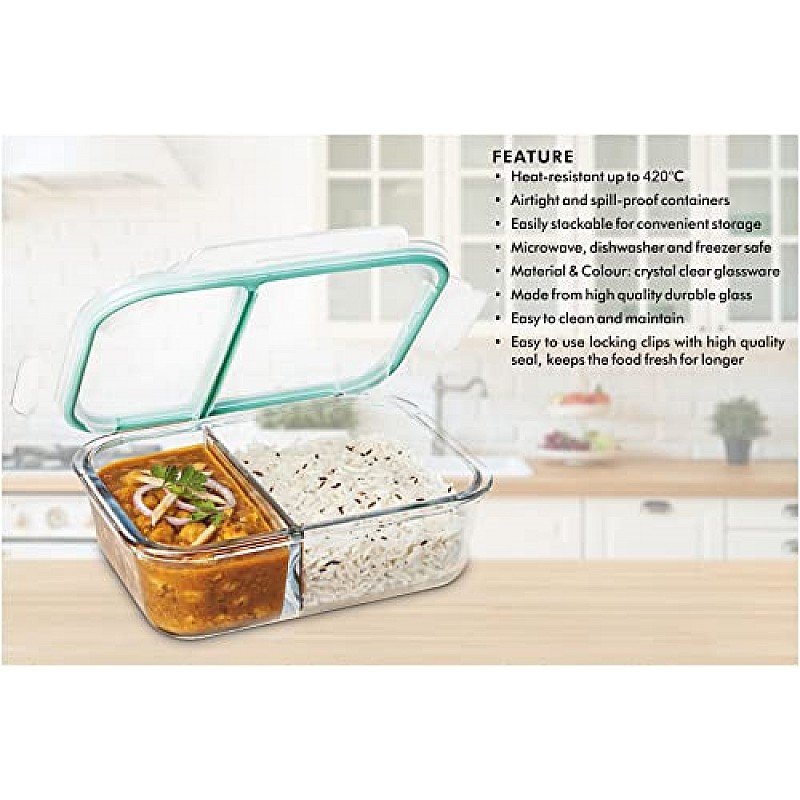 SignoraWare Slim High Microwave Safe Office Two Compartment Lunch Box Set Borosilicate Glass Safety Lock Airtight Tiffin Containers 600ml