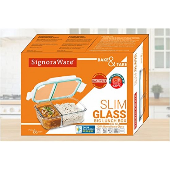SignoraWare Slim High Microwave Safe Office Two Compartment Lunch Box Set Borosilicate Glass Safety Lock Airtight Tiffin Containers 600ml