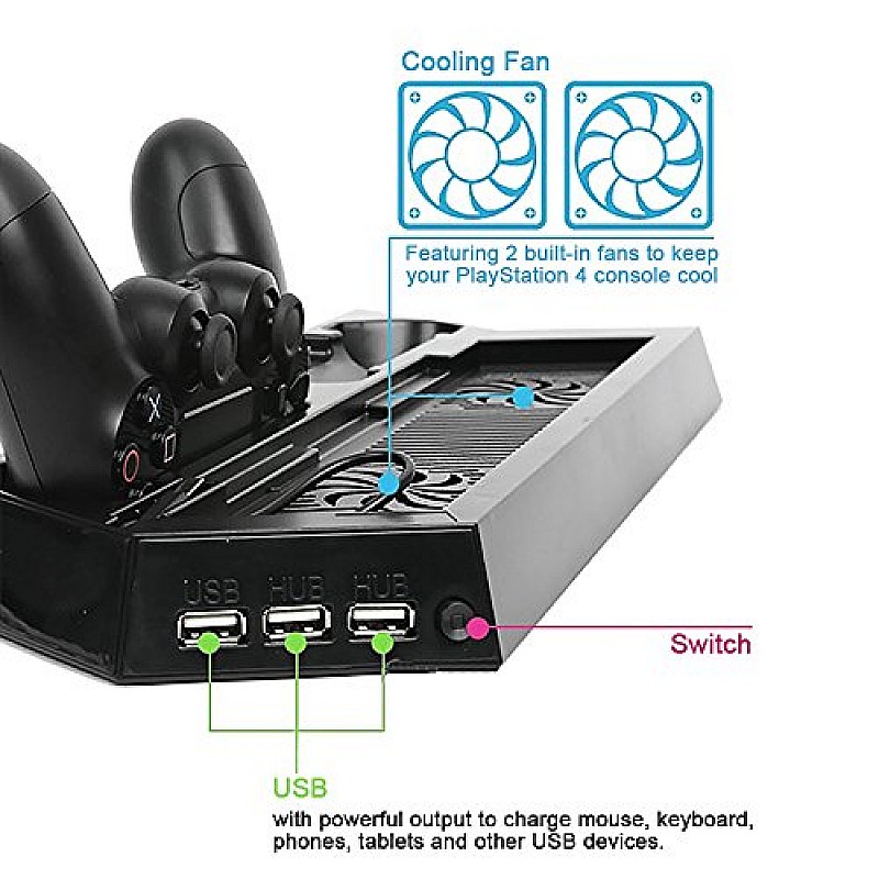 New World Vertical Stand with Cooling Fan Dual Charger Charging Dock for PS4