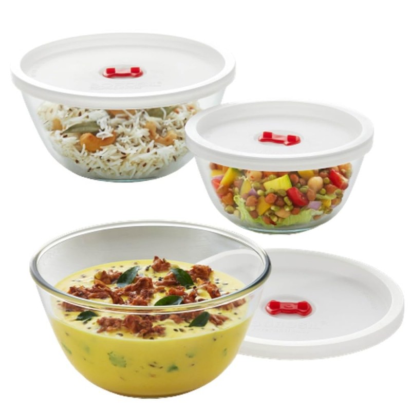 Borosil Glass Serving And Mixing Bowls With Lids, Oven and Microwave Safe Bowls, Set of 3 Borosilicate Glass, Clear