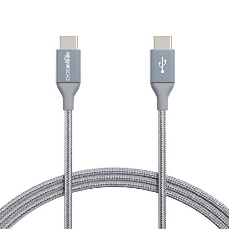 AmazonBasics Double Braided Nylon USB Type-C to Type-C 2.0 Cable, Charging Adapter, Smartphone 6 feet, Dark Grey