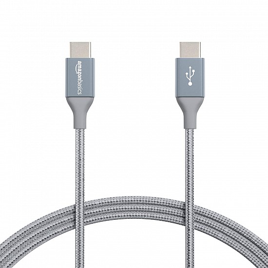 AmazonBasics Double Braided Nylon USB Type-C to Type-C 2.0 Cable, Charging Adapter, Smartphone 6 feet, Dark Grey