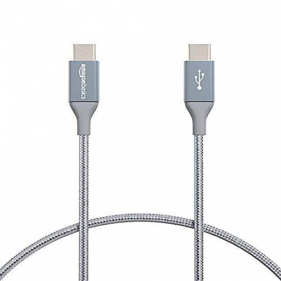 AmazonBasics Double Braided Nylon USB Type-C to Type-C 2.0 Cable, Charging Adapter, Smartphone 6 feet, Dark Grey