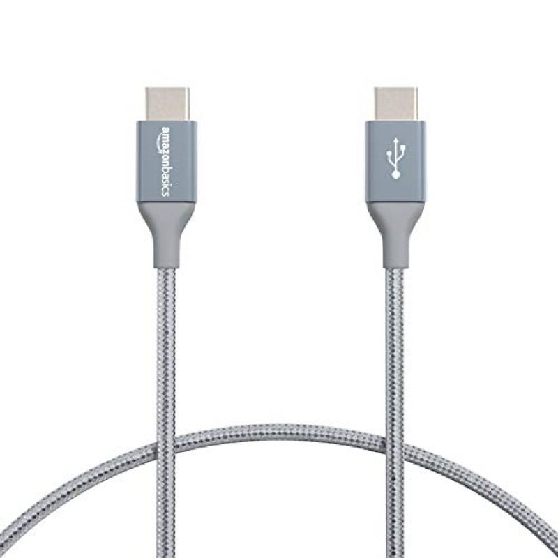 AmazonBasics Double Braided Nylon USB Type-C to Type-C 2.0 Cable, Charging Adapter, Smartphone 6 feet, Dark Grey