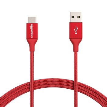 AmazonBasics Double Braided Nylon USB Type-C to Type-A 2.0 Male Cable for Laptop, 6 feet, Red