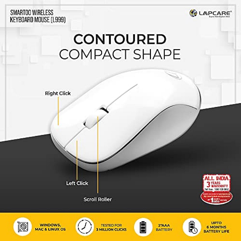 Lapcare Smartoo Wireless Membraned Keyboard and 1200 DPI Mouse Combo with Auto Sleep (White/Silver)