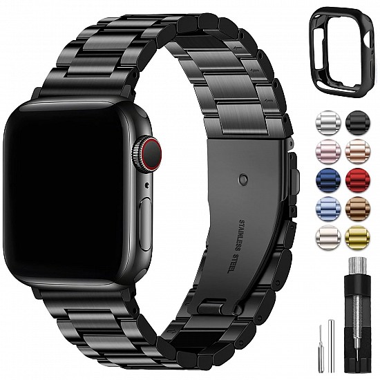 Fullmosa Compatible Apple Watch Band 42mm 44mm 45mm 38mm 40mm 41mm, Stainless Steel  Black (Watch not Included)