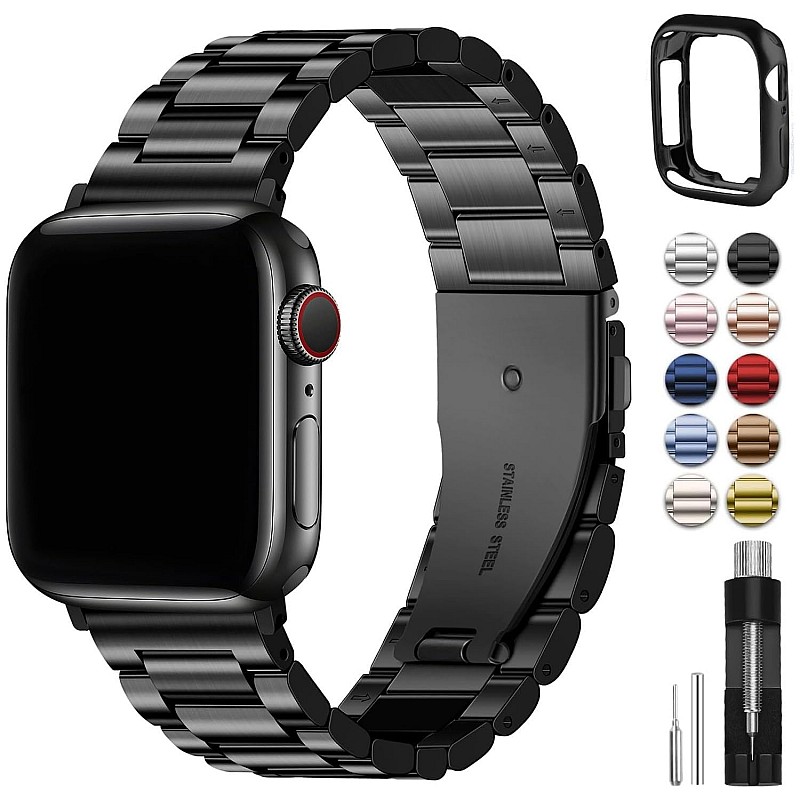 Fullmosa Compatible Apple Watch Band 42mm 44mm 45mm 38mm 40mm 41mm, Stainless Steel  Black (Watch not Included)