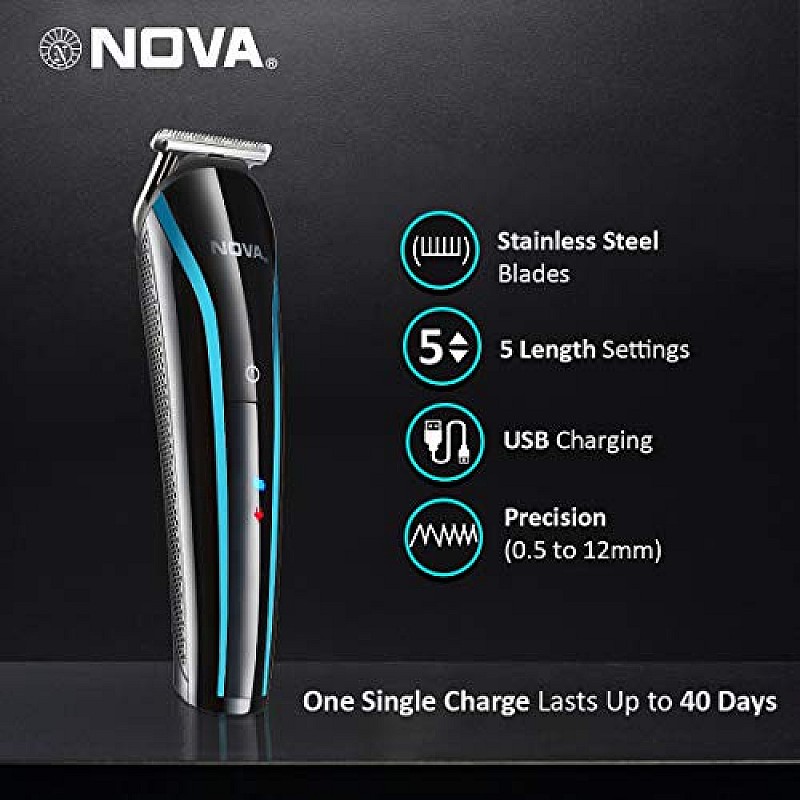 Nova NHT 1073 Battery Powered USB Rechargeable and Cordless: 60 Minutes Runtime Professional Hair Clipper for Men, Blue