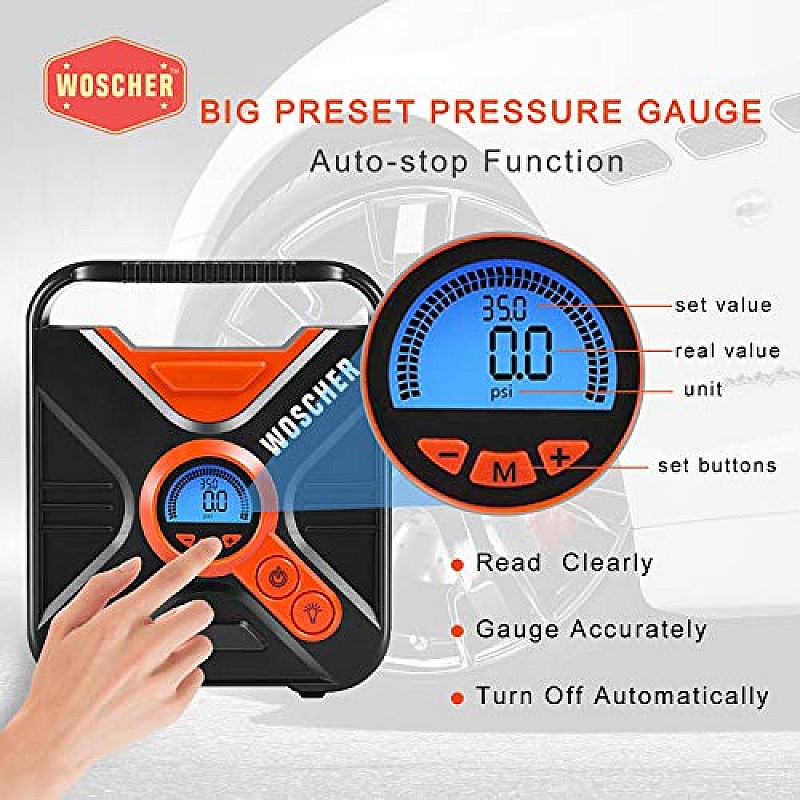 Woscher ProPower 300PSI Smart Tyre Inflator 802D for Cars and Bikes Digital Display Multiple Modes 