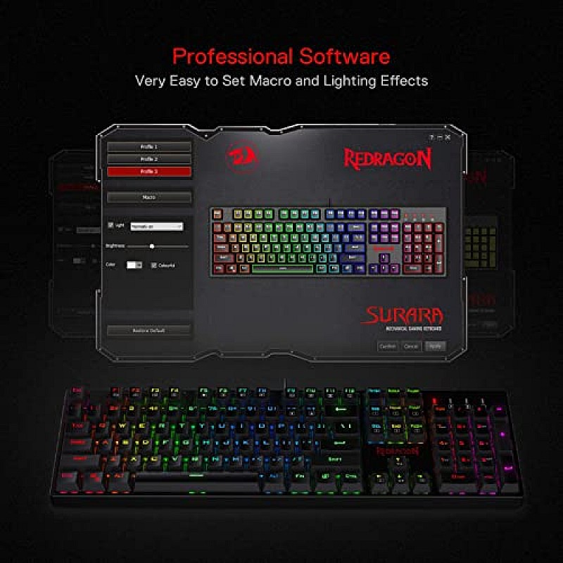 Redragon SU-RARA K582 RGB LED Backlit Mechanical Gaming Wired Keyboard with 104 Keys-Linear and Quiet-Red Switch Black