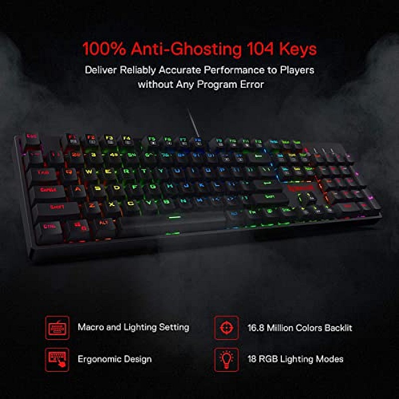 Redragon SU-RARA K582 RGB LED Backlit Mechanical Gaming Wired Keyboard with 104 Keys-Linear and Quiet-Red Switch Black