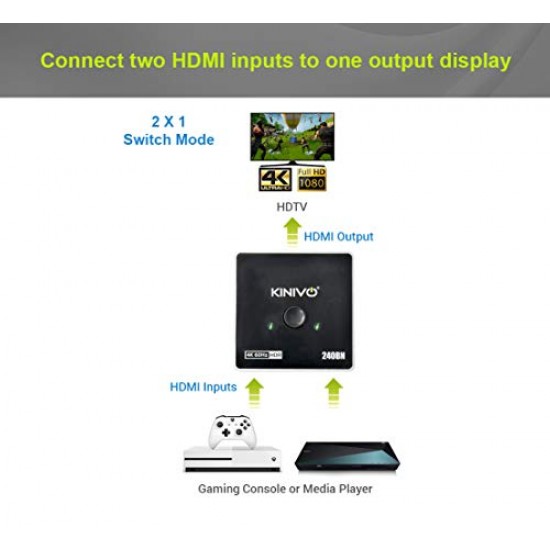 Kinivo Premium 4K HDMI Switch/Splitter HDMI Switcher - Supports 4K @ 60Hz, 3D, Full HD and Ultra HD (240BN - 2 Port)