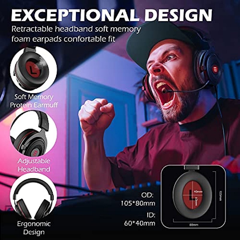 EKSA E900Pro Gaming Wired Over Ear Headphones with Virtual 7.1 Surround Sound, Noise Cancelling with Mic Black