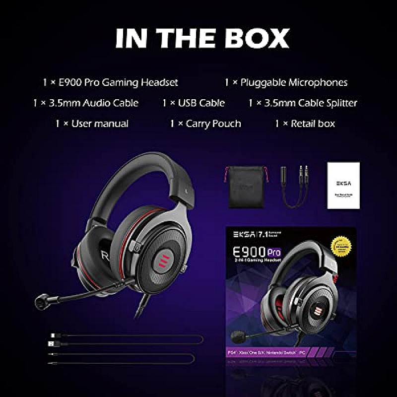 EKSA E900Pro Gaming Wired Over Ear Headphones with Virtual 7.1 Surround Sound, Noise Cancelling with Mic Black