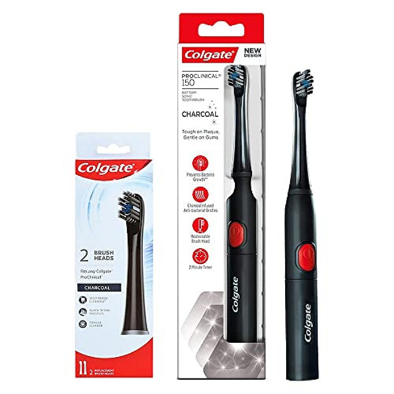 Colgate ProClinical 150 Charcoal Sonic Battery Powered Electric Toothbrush Adult, Pack of 1