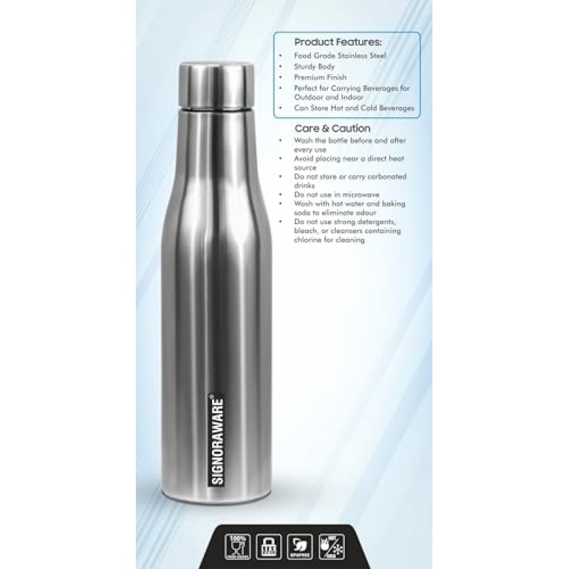 Signoraware Blaze Single Walled Stainless Steel Fridge Water Bottle, 1 Litre, Silver,Set of 1