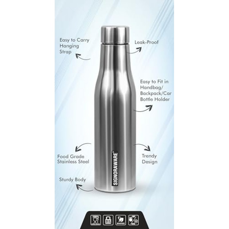 Signoraware Blaze Single Walled Stainless Steel Fridge Water Bottle, 1 Litre, Silver,Set of 1