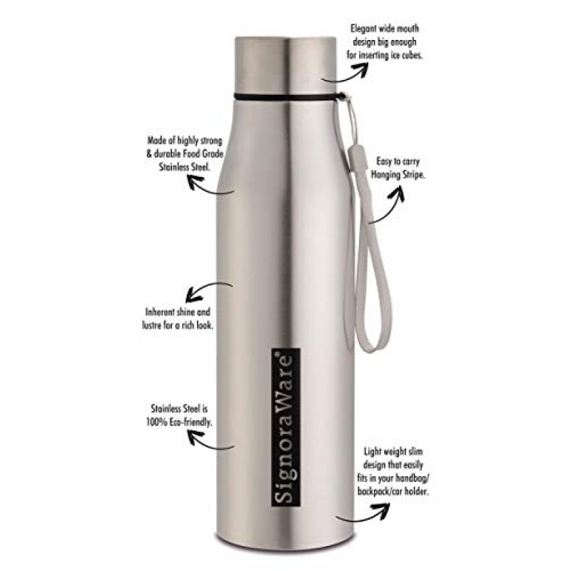 Signoraware Blaze Single Walled Stainless Steel Fridge Water Bottle, 1 Litre, Silver,Set of 1