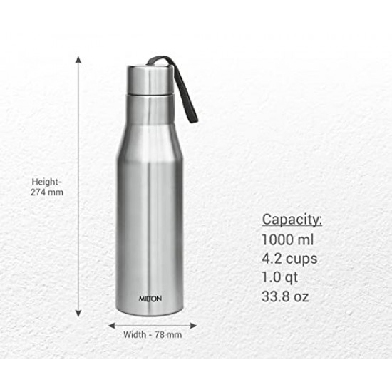 MILTON Super 1000 Stainless Steel Water Bottle, 1000 ml, Silver Leak Proof