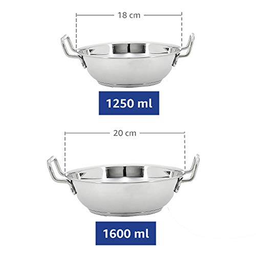 Amazon Brand Solimo Stainless Steel Induction Bottom Kadhai Set size 18cm, 20cm Amazon Brand Solimo Stainless Steel Induction Bottom Kadhai Set size 18cm, 20cm