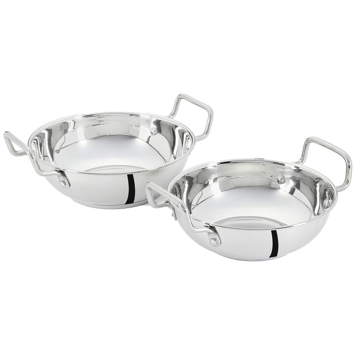 Amazon Brand Solimo Stainless Steel Induction Bottom Kadhai Set size 18cm, 20cm Amazon Brand Solimo Stainless Steel Induction Bottom Kadhai Set size 18cm, 20cm