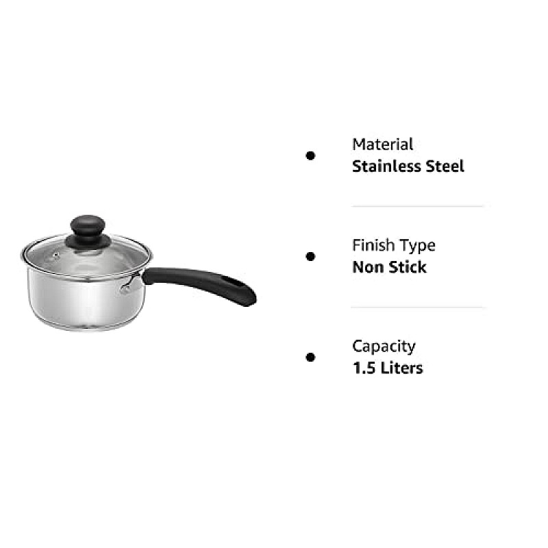 Amazon Brand Solimo Stainless Steel Saucepan with Glass Lid, Induction Base 1500 milliliters 