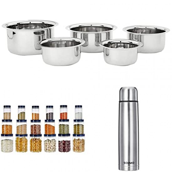 Amazon Brand Solimo Stainless Steel Tope Set (5 pieces, 420 ml , 550 ml, 840 ml, 1150 ml and 1550 ml