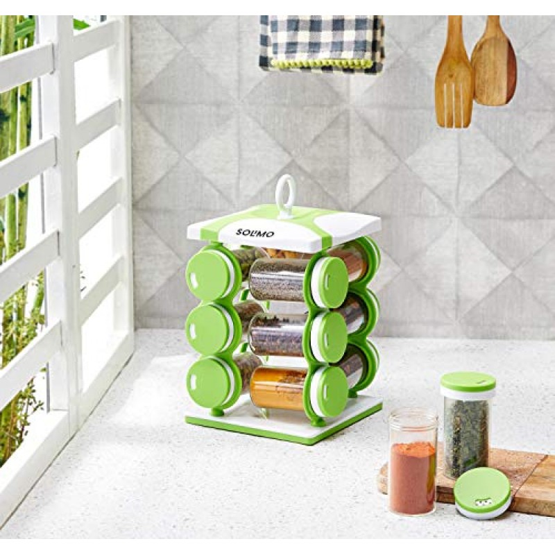 Amazon Brand Solimo Revolving Plastic Spice Rack Set (16 Pieces, Silver, Tiered Shelf)