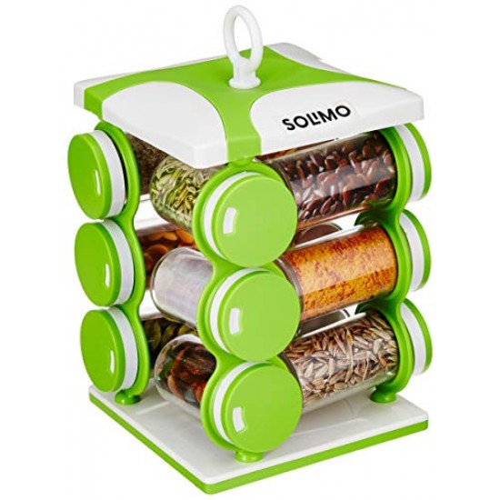 Amazon Brand Solimo Revolving Plastic Spice Rack Set (16 Pieces, Silver, Tiered Shelf)