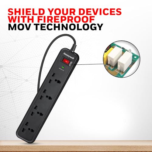 Honeywell Surge Protector, 4 Universal Sockets,15000Amp, 2 Meter Cord, Device Secure Warranty Honeywell Surge Protector, 4 Universal Sockets,15000Amp, 2 Meter Cord, Device Secure Warranty