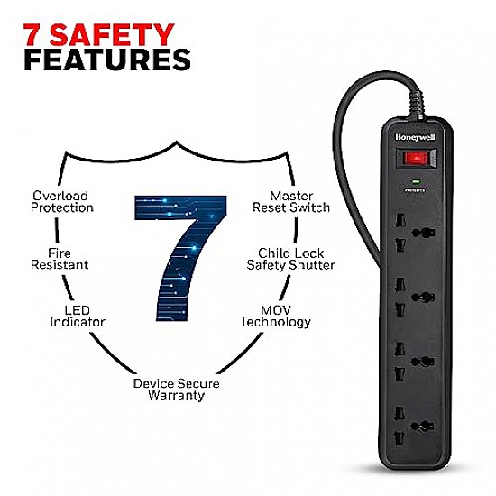 Honeywell Surge Protector, 4 Universal Sockets,15000Amp, 2 Meter Cord, Device Secure Warranty